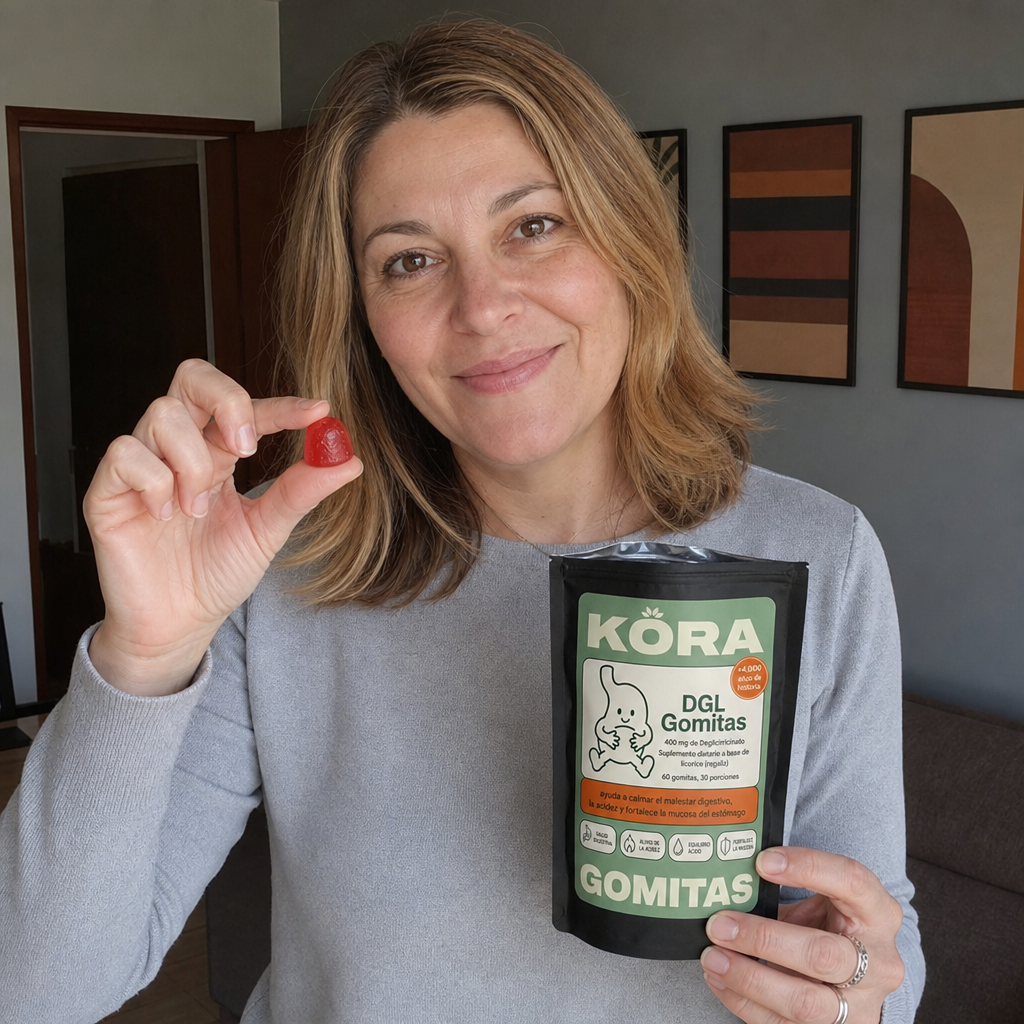 Mujer mostrando una gomita KORA
